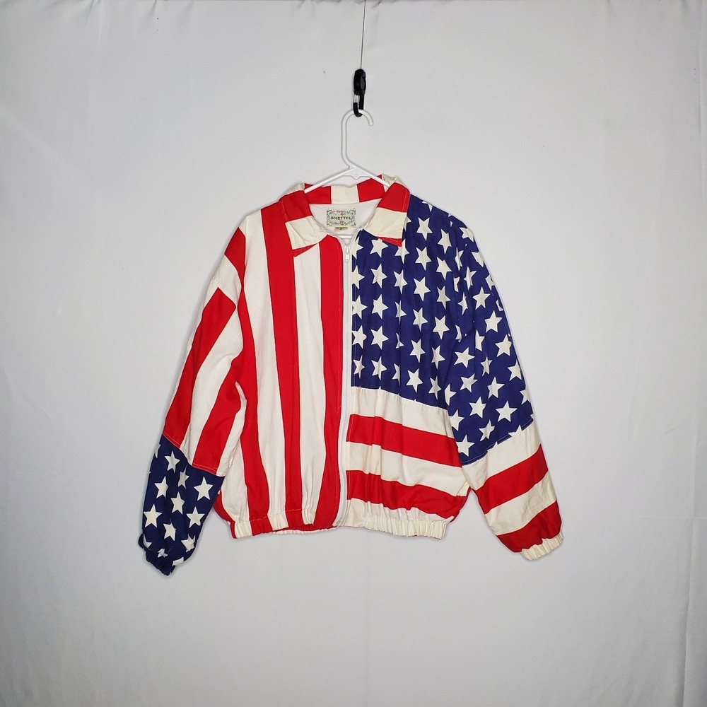 Rosettes USA Flag Jacket Large Patriotic Stars Stripes Patchwork Cotton Zip